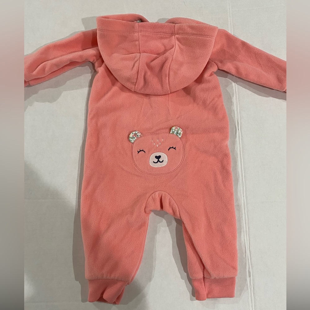NWT Carters baby girl hooded coral and floral fleece bear romper size 6months